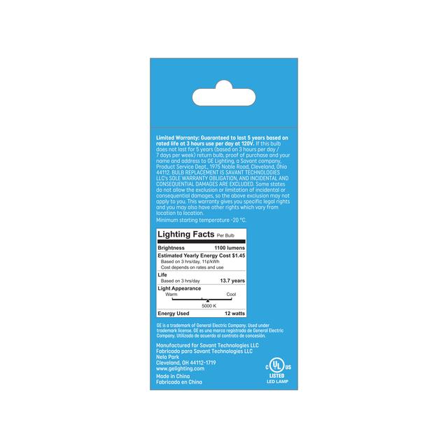 Back package of GE 75W Replacement Daylight LED Light Bulb General Purpose A21 (1-Pack)