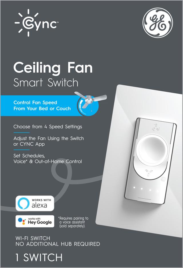 GE CYNC Ceiling Fan Smart Switch, Neutral Wire Required, Bluetooth and 2.4 GHz WiFi, Alexa and Google Home Compatible without a Hub (1 Pack)