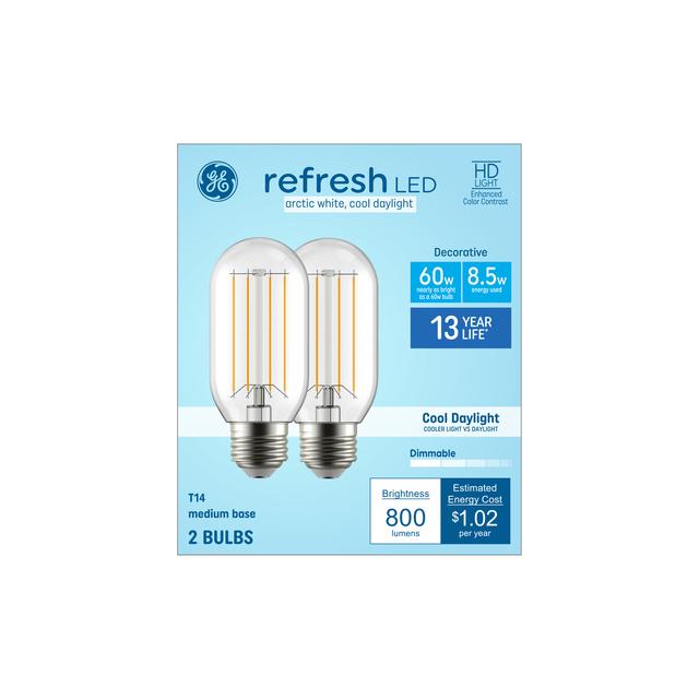 GE Refresh HD LED 60 Watt Replacement, Cool Daylight, T14 Deco - Tubular Bulbs (2 Pack)