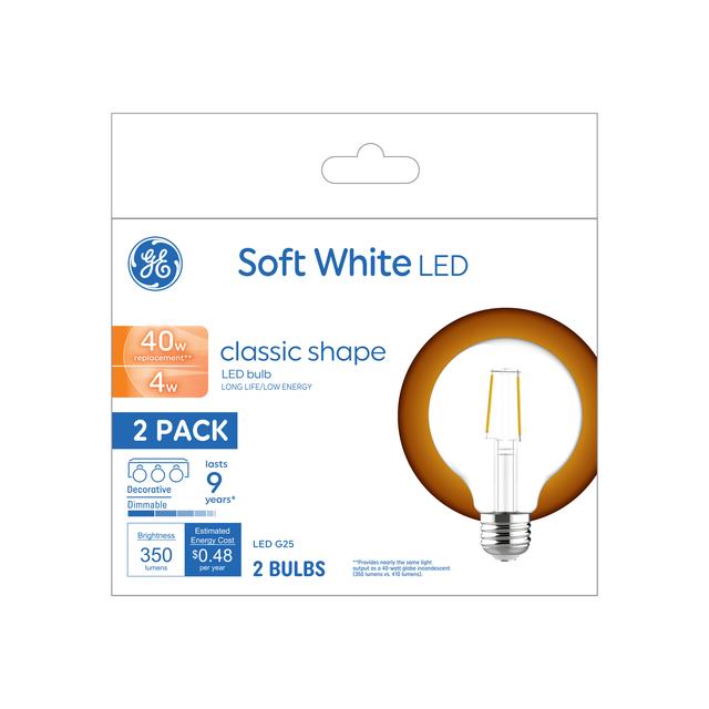 GE Basic LED 40 Watt Replacement, Soft White, G25 Vanity - Globe Bulbs (2 Pack)