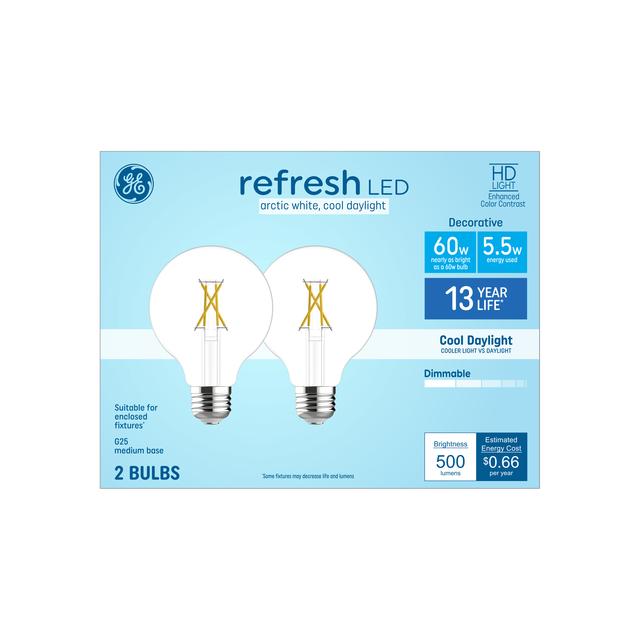 GE Refresh HD LED 60 Watt Replacement, Cool Daylight, G25 Vanity - Globe Bulbs (2 Pack)