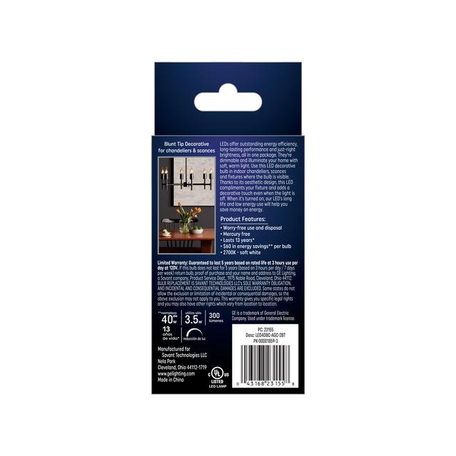 GE Classic LED 40 Watt Replacement, Soft White, B11 Deco - Candle Bulbs (2 Pack)