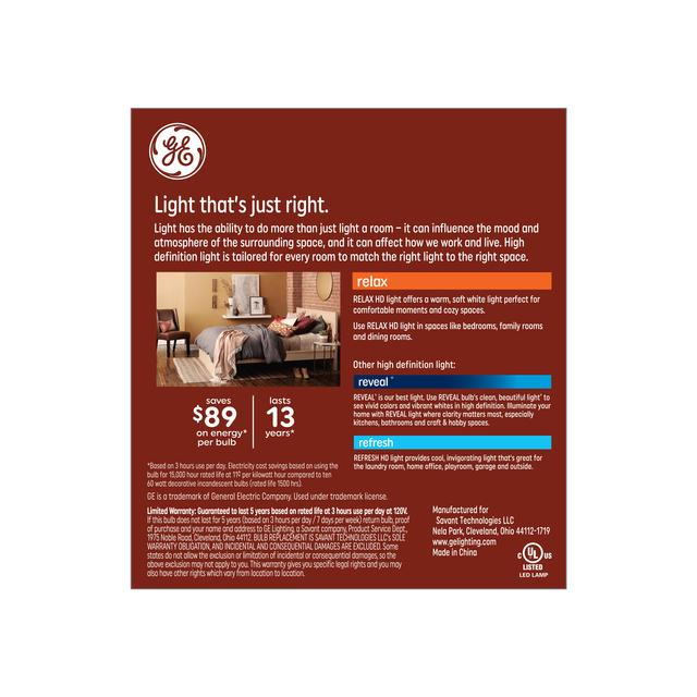 GE Relax HD LED 60 Watt Replacement, Soft White, CA11 Deco - Candle Bulbs (3 Pack)