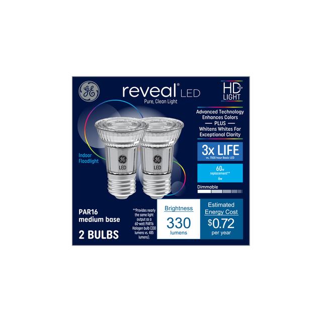GE Reveal HD+ LED 60 Watt Replacement, Reveal, PAR16 Indoor Floodlight Bulbs (2 Pack)