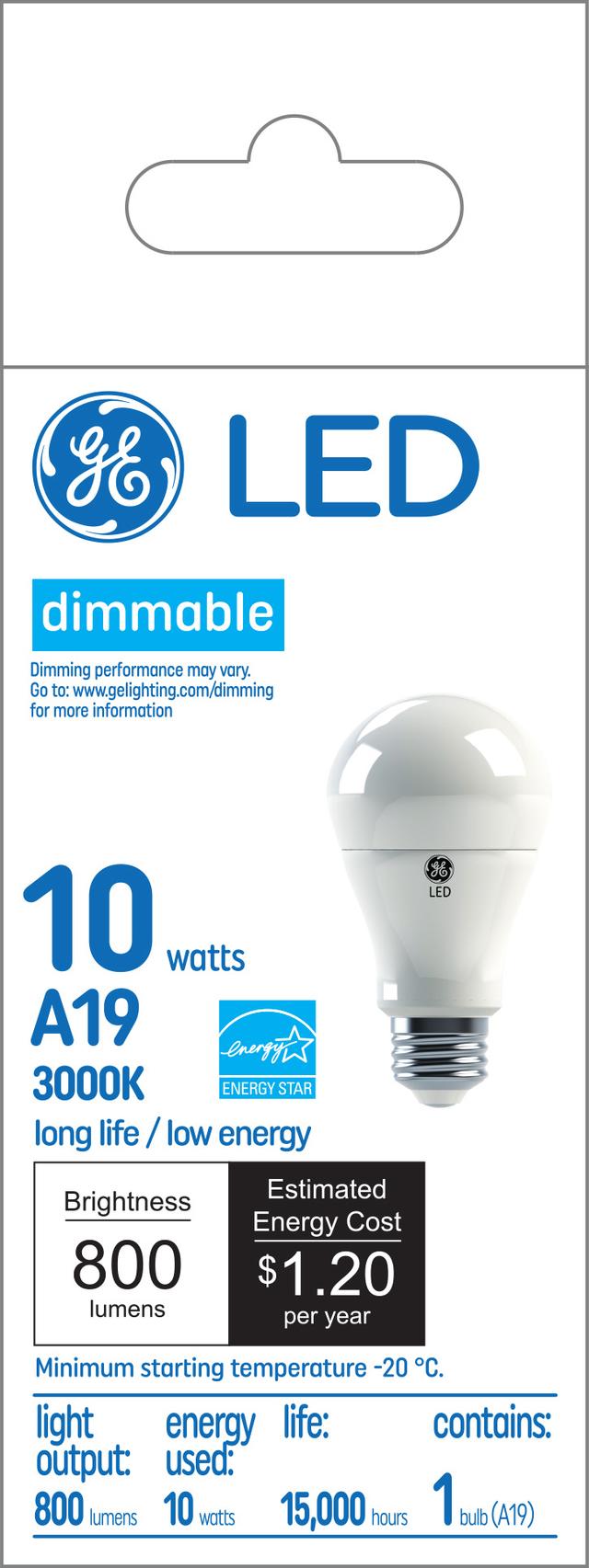 10 GE Classic LED Watts, blanc chaud, A19 paquet d’ampoules à usage général (1 )