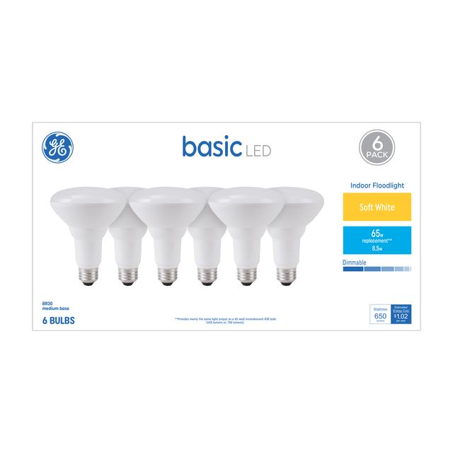 GE Basic LED 65 Watt Replacement, Soft White, BR30 Indoor Floodlight Bulbs (6 Pack)