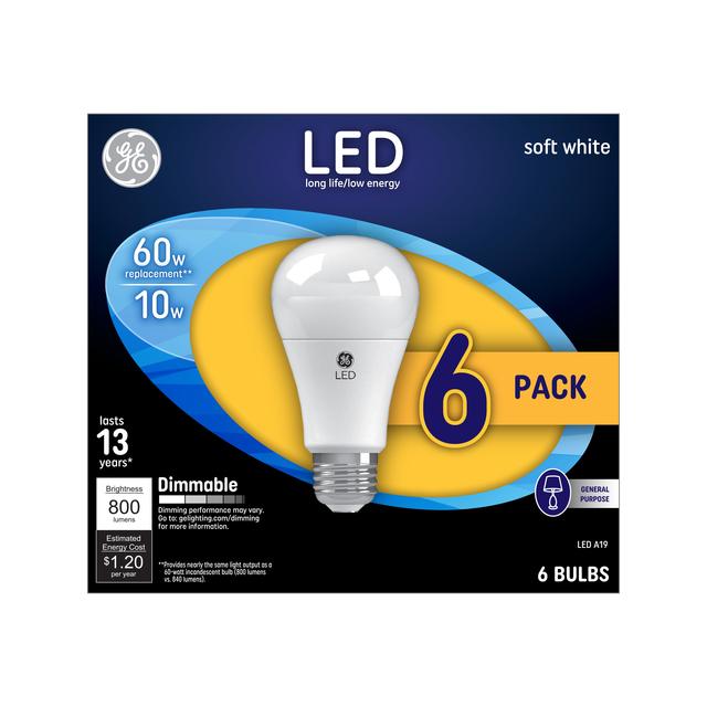 GE Classic LED 60 Watt Replacement, Soft White, A19 General Purpose Bulbs (6 Pack)