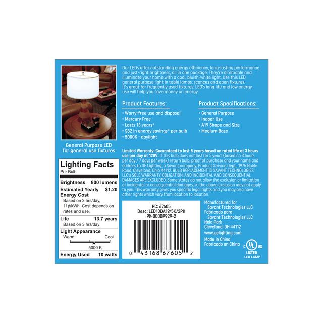 GE Classic LED 60 Watt Replacement, Daylight, A19 General Purpose Bulbs (2 Pack)