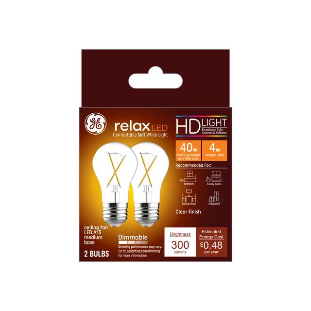 GE Relax HD LED 40 Watt Replacement, Soft White, A15 Ceiling Fan Bulbs (2 Pack)