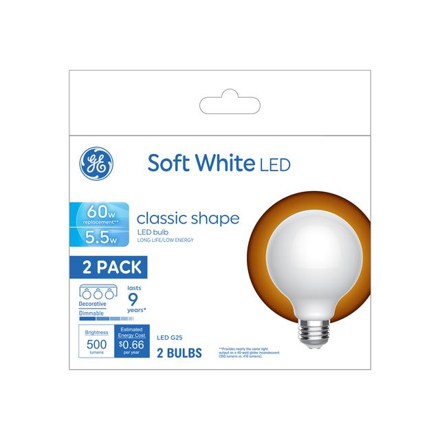 GE Basic LED 60 Watt Replacement, Soft White, G25 Vanity - Globe Bulbs (2 Pack)