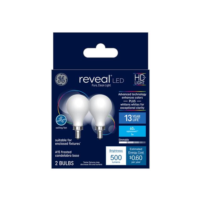 GE Reveal HD+ LED 60 Watt Replacement, Reveal, A15 Ceiling Fan Bulbs (2 Pack)