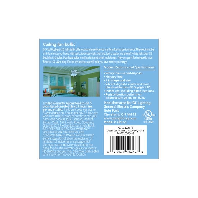 GE Classic LED 40 Watt Replacement, Cool Daylight, A15 Ceiling Fan Bulbs (2 Pack)