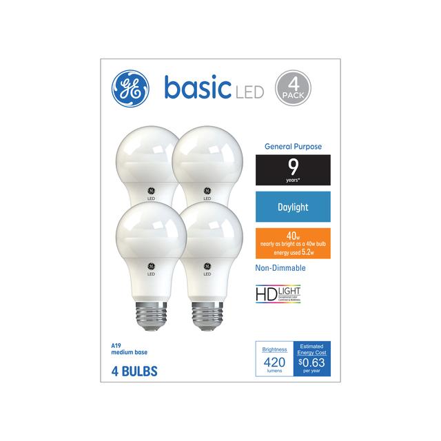 GE Basic LED 40 Watt Replacement, Daylight, A19 General Purpose Bulbs (4 Pack)