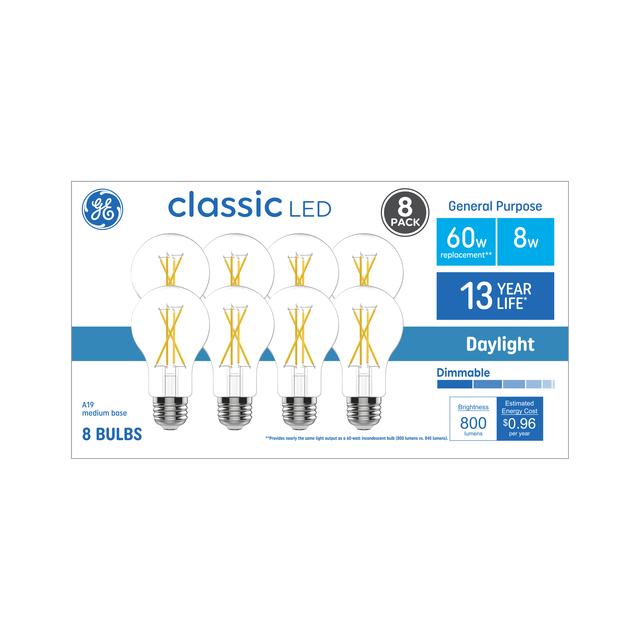 GE Classic LED 60 Watt Replacement, Daylight, A19 General Purpose Bulbs (8 Pack)