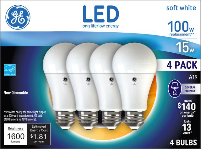 GE Classic 100 LED Watt Replacement, Soft A19 White, Ampoules à usage général ( 4 Pack)