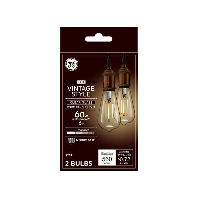 GE Vintage LED 60 Watt Replacement, Candlelight, ST19 Edison Bulbs (2 Pack)