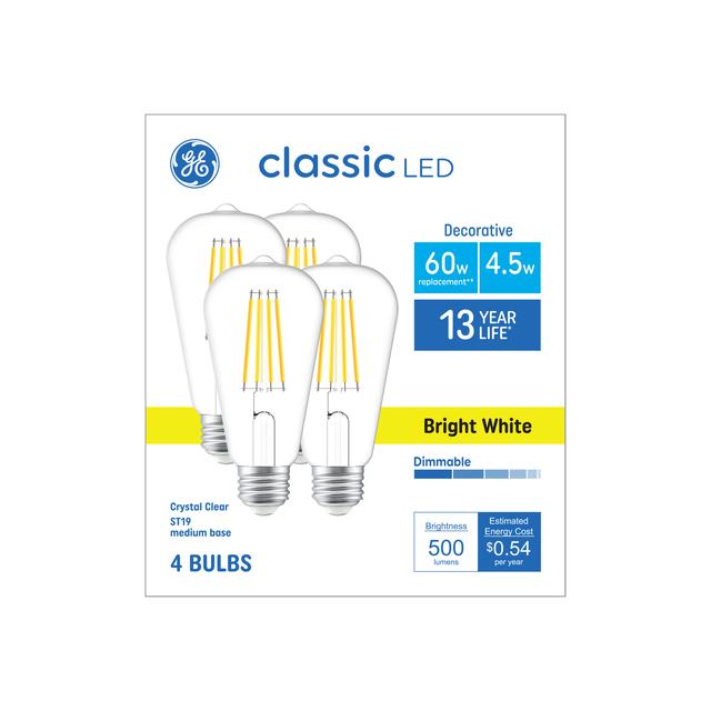 GE Classic LED 60 Watt Replacement, Bright White, ST19 Edison Bulbs (4 Pack)