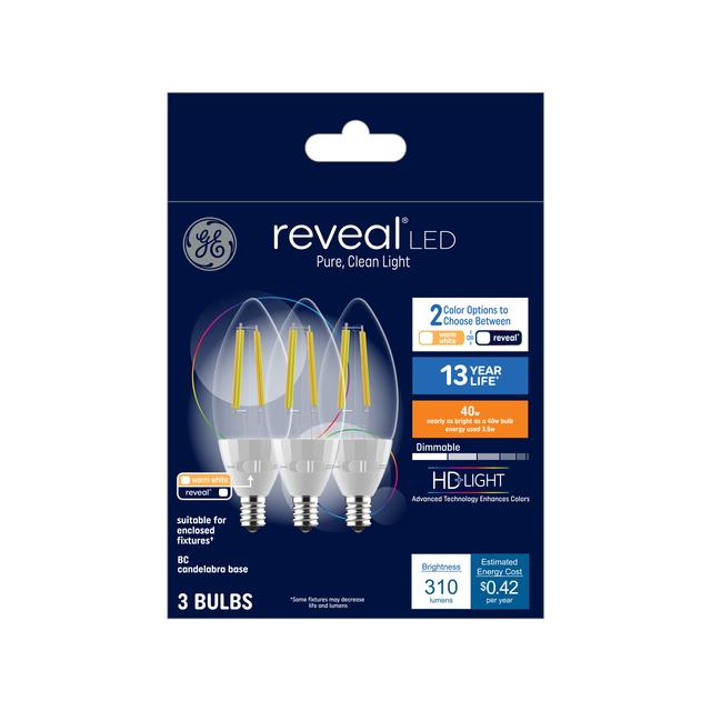 GE Reveal HD+ LED 40 Watt Replacement, Reveal, B11 Deco - Candle Bulbs (3 Pack)