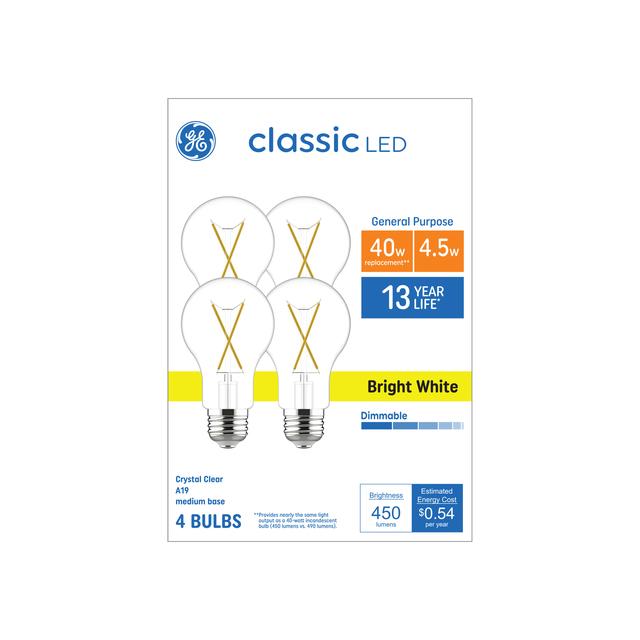 GE Classic LED 40 Watt Replacement, Bright White, A19 General Purpose Bulbs (4 Pack)