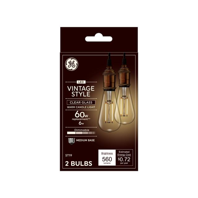 GE Vintage LED 60 Watt Replacement, Candlelight, ST19 Edison Bulbs (2 Pack)