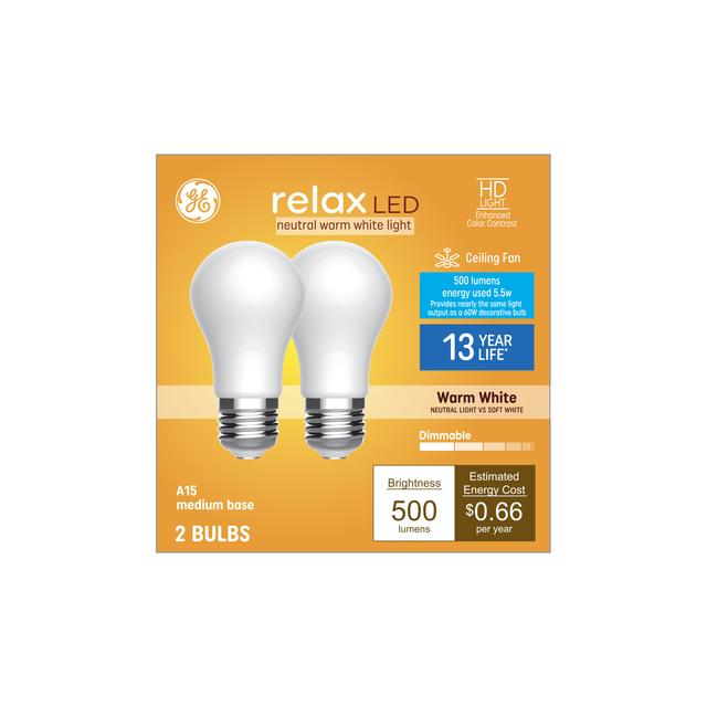 GE Relax HD LED 60 Watt Replacement, Warm White, A15 Ceiling Fan Bulbs (2 Pack)