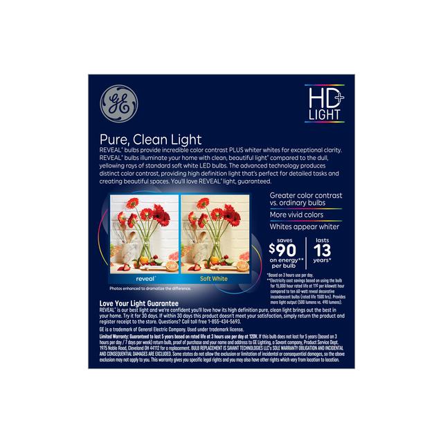 GE Reveal HD+ LED 60 Watt Replacement, Reveal, CA11 Deco - Candle Bulbs (3 Pack)