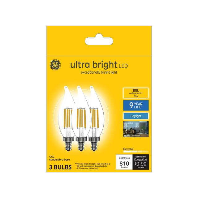 GE Ultra Bright LED 75 Watt Replacement, Daylight, CA11 Deco - Candle Bulbs (3 Pack)