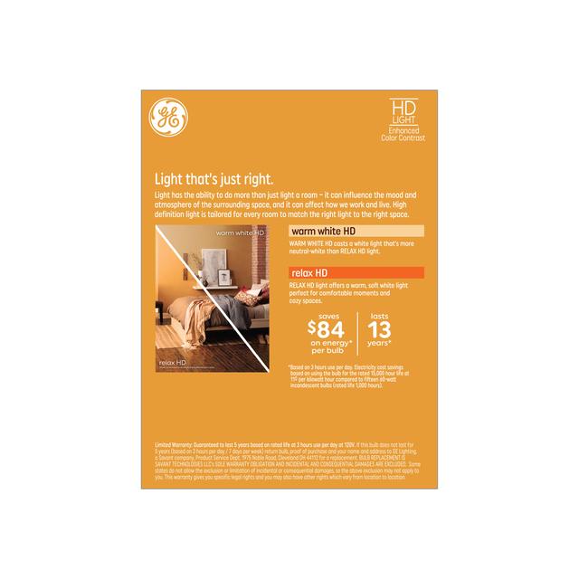 GE Relax HD LED 60 Watt Replacement, Warm White, A19 General Purpose Bulbs (4 Pack)