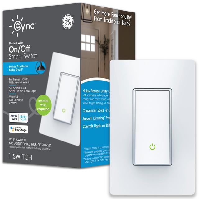 GE Lighting CYNC Smart Light Switch On/Off Paddle Style, Neutral Wire Required, Bluetooth and 2.4 GHz Wi-Fi 4-Wire Switch, Works with Alexa and Google Home, White (1 Pack)