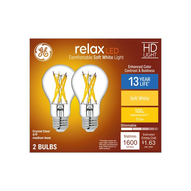 GE Relax HD LED 100 Watt Replacement, Soft White, A19 General Purpose Bulbs (2 Pack)