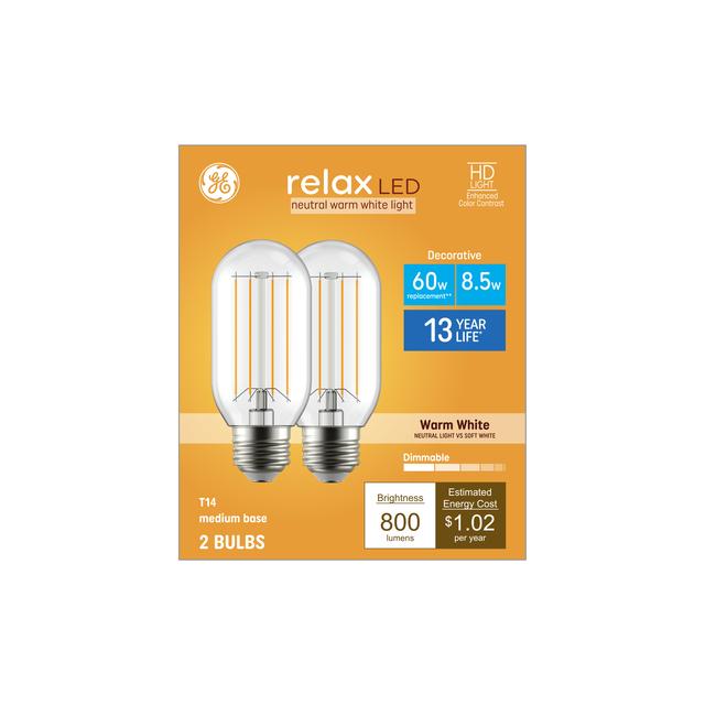 GE Relax HD LED 60 Watt Replacement, Warm White, T14 Deco - Tubular Bulbs (2 Pack)