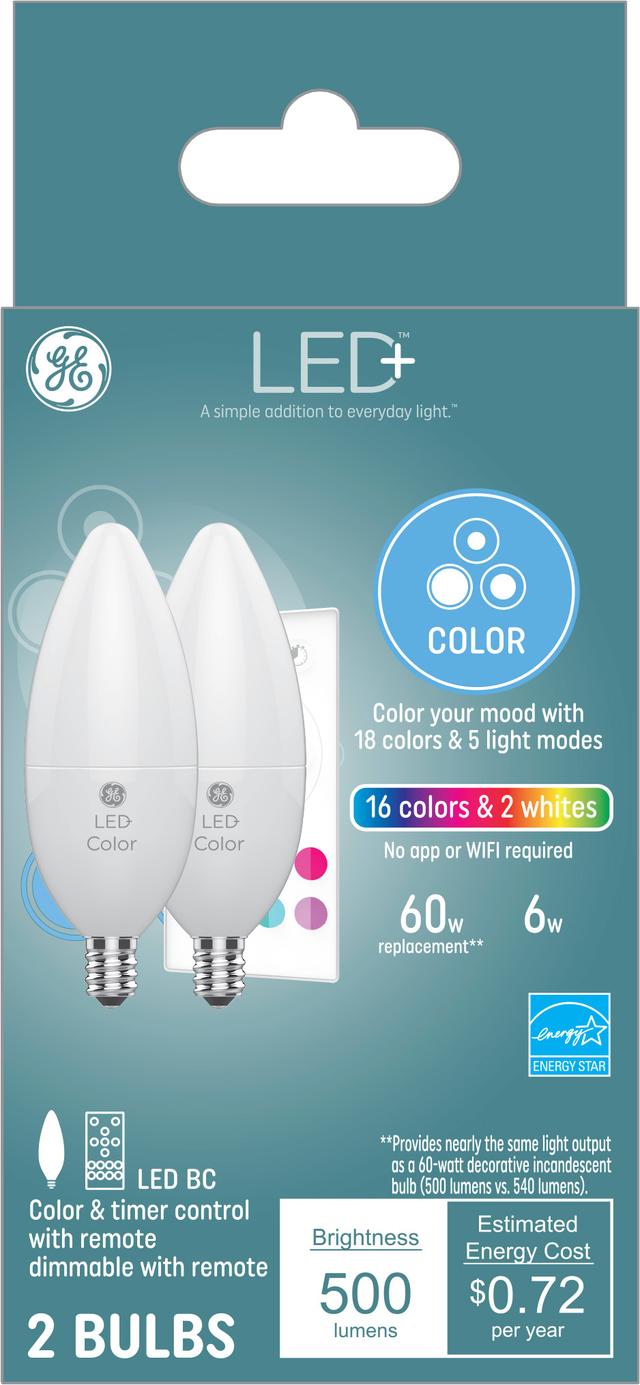 GE LED+ 60 Ampoules à culot E12 décoratives à pointe émoussée à LED à changement BC de (8-Pack) couleur W