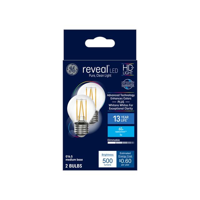 GE Reveal HD+ LED 60 Watt Replacement, Reveal, G16.5 Vanity - Globe Bulbs (2 Pack)