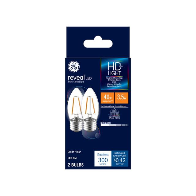 GE Reveal HD+ LED 40 Watt Replacement, Reveal, B11 Deco - Candle Bulbs (2 Pack)