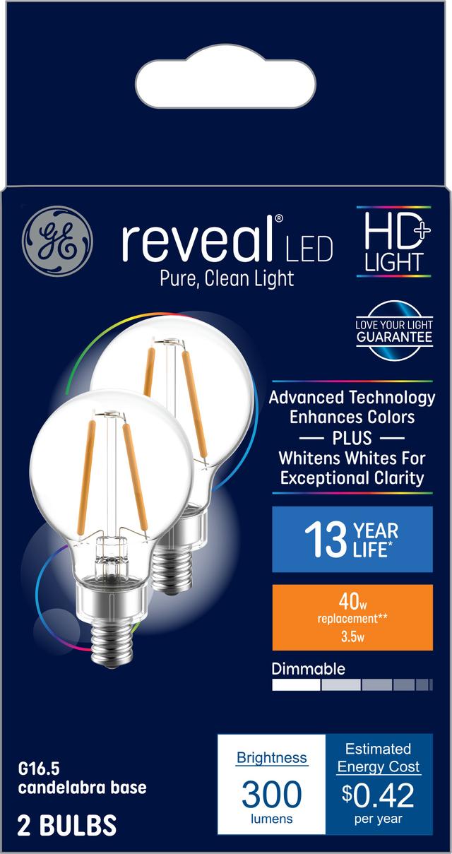 GE Reveal HD+ LED 40 Watt Replacement, Reveal, G16.5 Vanity - Globe Bulbs (2 Pack)