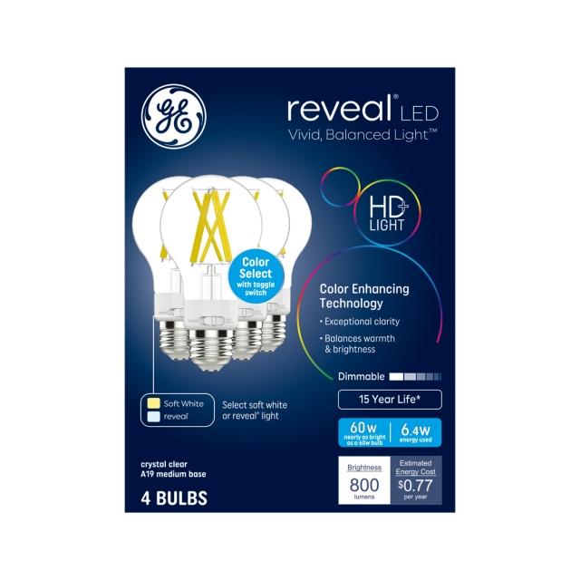 GE Reveal HD+ LED 60 Watt Replacement, Reveal + Soft White, A19 General Purpose Bulbs (4 Pack)