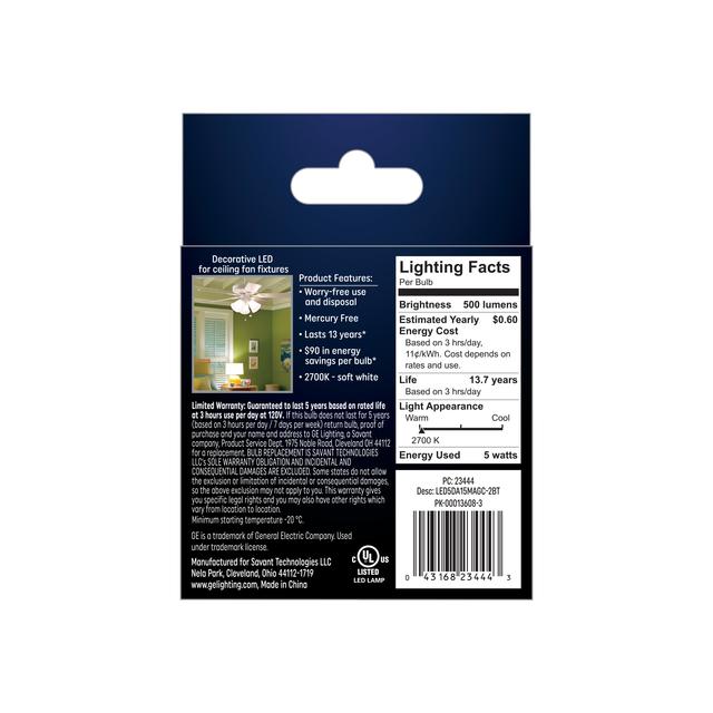 GE Classic LED 60 Watt Replacement, Soft White, A15 Ceiling Fan Bulbs (2 Pack)