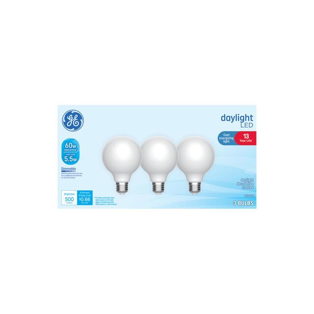 GE Classic LED 60 Watt Replacement, Daylight, G25 Vanity - Globe Bulbs (3 Pack)