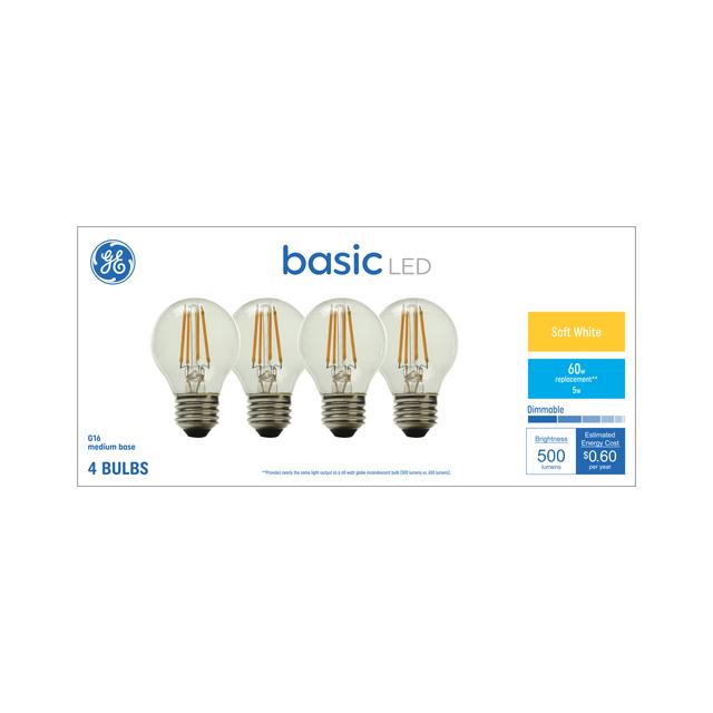 GE Basic LED 60 Watt Replacement, Soft White, G16.5 Vanity - Globe Bulbs (4 Pack)