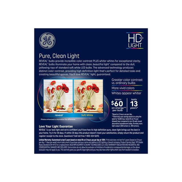 GE Reveal HD+ LED 40 Watt Replacement, Reveal, B11 Deco - Candle Bulbs (3 Pack)