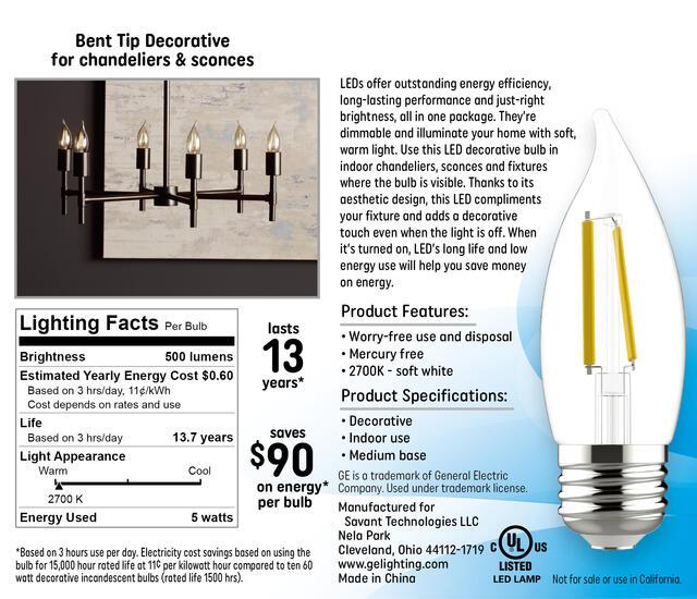 GE Classic LED 60 Watt Replacement, Soft White, CA11 Deco - Candle Bulbs (4 Pack)
