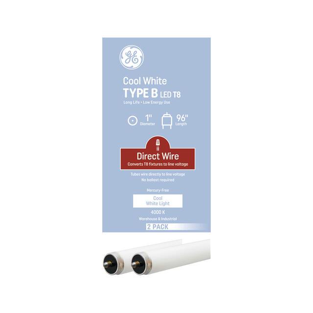 GE LED Direct Wire Cool White 43 Watt 93.92 Inches T8 Fa8 Base LED Tube 2 Pack