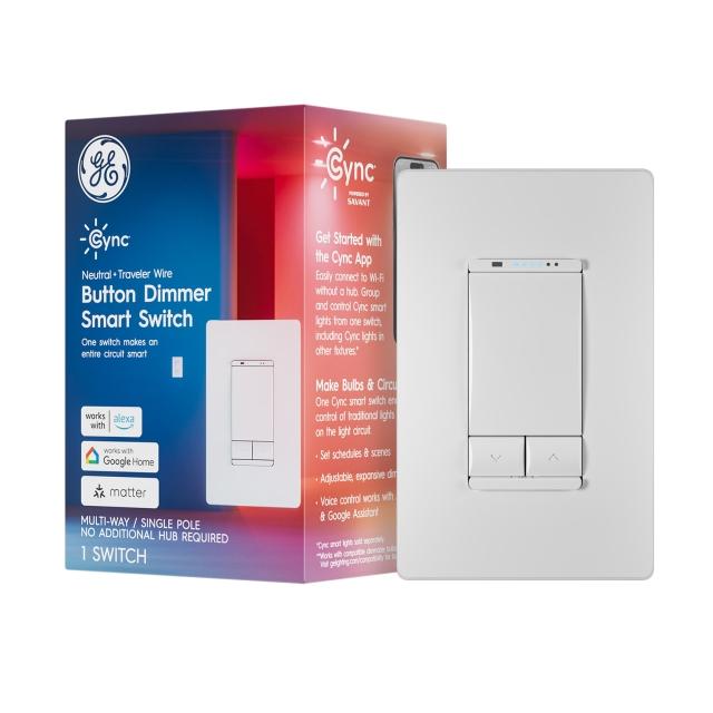 GE Cync Smart Button Dimmer Light Switch, Neutral Wire + Traveler Required, Bluetooth and 2.4 GHz Wi-Fi, Works with Alexa and Google Home