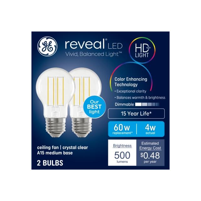 GE Reveal HD+ LED 60 Watt Replacement, Reveal, A15 Ceiling Fan Bulbs (2 Pack)