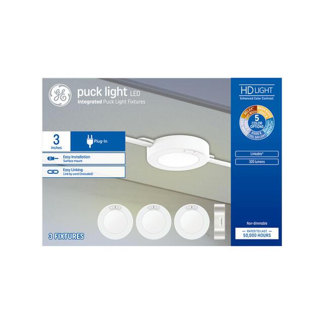 GE Puck Light, 5-Color White, Plug-In, 3in Linkable Fixtures (3-Pack)
