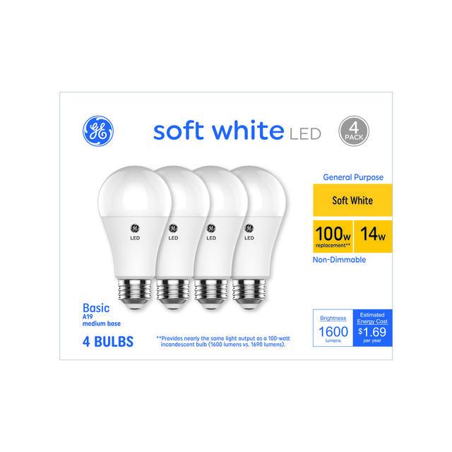 GE Basic LED 100 Watt Replacement, Soft White, A19 General Purpose Bulbs (4 Pack)