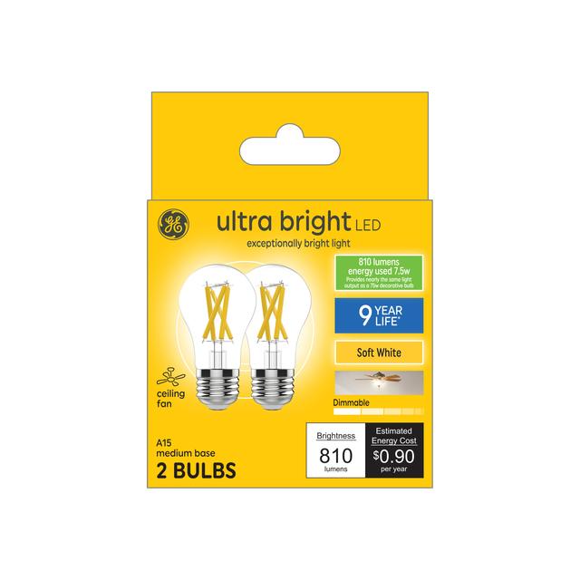GE Ultra Bright LED 75 Watt Replacement, Soft White, A15 Ceiling Fan Bulbs (2 Pack)