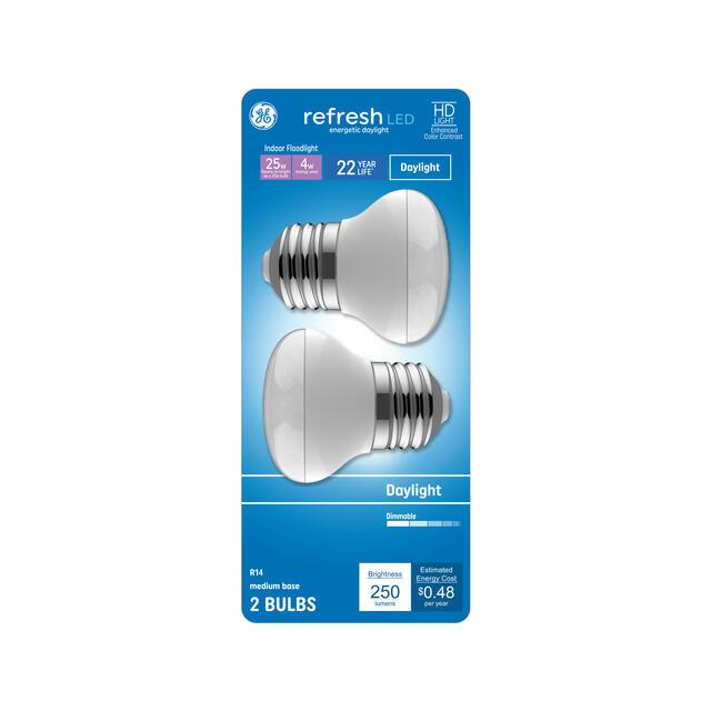 GE Refresh HD LED 25 Watt Replacement, Daylight, R14 Indoor Floodlight Bulbs (2 Pack)