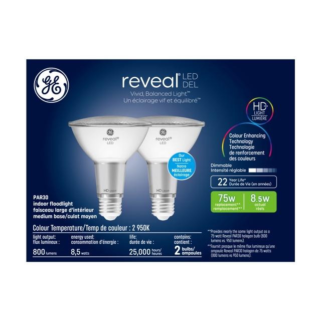GE Reveal HD+ LED 75 Watt Replacement, Reveal, PAR30L Indoor Floodlight Bulbs (2 Pack)