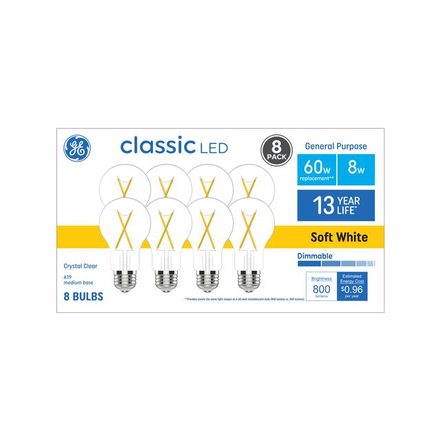 GE Classic LED 60 Watt Replacement, Soft White, A19 General Purpose Bulbs (8 Pack)